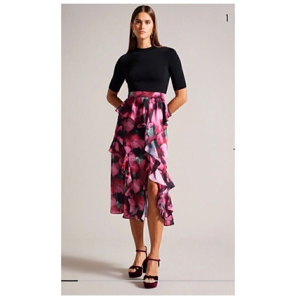 NEW Ted Baker Women Darciia Fitted Knit Bodice Dress with Ruffle Skirt Sz 4 US10